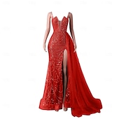 baratos CINZA-Sereia  Vestido de Noite Trompete Vestido Elegante Festa de Gala Traje de Corte Sem Mangas Alças Finas Com Lantejoulas e Pérolas