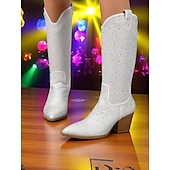 baratos Festa da Vida Noturna-Botas de cowboy femininas com strass - botas pretas de festa estilo western até o joelho com bico fino e salto grosso para festivais de música e eventos noturnos