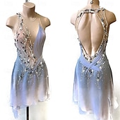 preiswerte Eiskunstlaufkleider-Eiskunstlaufkleid Damen Mädchen Eislaufen Kleid Grau+Weiß Offener Rücken Asymmetrischer Saum Netzstoff Hohe Elastizität Training Wettbewerb Eiskunstlaufkleidung Klassisch Kristall / Strass Ärmellos