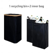 abordables Contenedor de reciclaje-Contenedor de reciclaje para cocina, interior y hogar, bote de basura plegable de 100 l/26,5 galones con marco de bambú, bolsas interiores extraíbles, tela Oxford, abertura superior redonda,