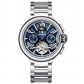 abordables Relojes mecánicos-Reloj de lujo para hombre, con tourbillon hueco, automático, mecánico, resistente al agua, con fecha y semana, de acero inoxidable.