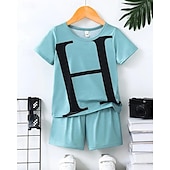 halpa Setit-2 osainen Lapset Poikien Puku T-paita ja shortsit Asu Kirjain Lyhythihainen Crewneck Aseta ulko- Urheilu Muoti Kesä 4 vuotta + Musta Valkoinen Rubiini