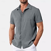 cheap Classic-Men&#039;s Shirt Linen Shirt Summer Shirt Casual Shirt Beach Shirt Button Down Shirt Plain Casual Daily Black White Pink Blue Short Sleeve Collar Summer Clothing Apparel