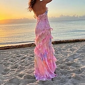 abordables Robes fleuries élégantes-Femmes Robe Longue Maxi Robe Robe Décontractée Robe Fleurie Mode Robe élégante Extérieur Soirée Fête Coupe régulière Dégradé de couleur Sans manches Col en V Rose Claire Été