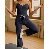 billiga vida ben och raka byxor-Dam Yogajumpsuit Onesie Ficka Henley Yoga Kondition Pilates Vida byxor med linne Svart Grön sporter Sportkläder Microelastisk