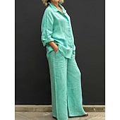 preiswerte Sets-Damen Aktiv Basic Baumwoll-Leinen-Sets Langarm Hemdkragen Einfarbig Alltagstauglich Schwarz Weiß Gelb Sommer Normale Passform