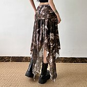 preiswerte Grafische Röcke-Damen Rock Mode Boho Midi Mittlere Hüfthöhe Röcke Blumen Unregelmäßiger Saum Druck Mikroelastisch Urlaub Straße Braun Sommer Polyester