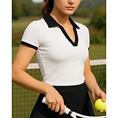 お買い得  女性用シャツ-女性用 カラーブロック テニストップ 半袖 モイスチャーコントロール 吸汗性 高通気性 テニス ゴルフ ピクルスボール 折襟 ブラック ホワイト テニスウェア