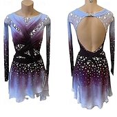 cheap Figure Skating Dresses-Figure Skating Dress Women&#039;s Girls&#039; Ice Skating Dress Dark Purple Patchwork Open Back Mesh High Elasticity Training Competition Skating Wear Classic Crystal / Rhinestone Long Sleeve Ice Skating