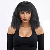 baratos Perucas Sintéticas sem Touca-Perucas sintéticas Kinky Liso Onda de Água Corte Assimétrico Franja Lisa Fabrico à Máquina Peruca 14 polegadas A1 Cabelo Sintético Mulheres Clássico Confortável Cores Gradiente Preta