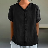 abordables Chemises-Chemisier en coton et lin pour femme, couleur unie, élégant, décontracté, manches courtes, col en V, régulier, quotidien, vacances, plissé, noir, blanc, rose, violet, vert, été