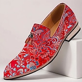 billiga Utsökta broderade skor-Herr Tofflor och Slip-Ons Tofstofflor Promenad PU Läder Jacquard Tyg Andningsfunktion Bekväm Halksäker Loafers Mörkröd Sommar Vår Höst