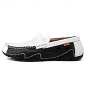billiga Casual loafers-Vita herrloafers i konstläder med svart krokodilstruktur – eleganta och snygga slip-on-skor för semiformella evenemang, bröllop och avslappnade sammankomster
