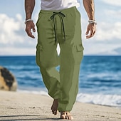 baratos Feriado-Homens Calças Cargo Calças de linho Calças Calça verão Calças largas Com Cordão Cintura elástica Bolso multi Tecido Conforto Respirável Comprimento total Ao ar livre Feriado Para Noite Férias Moda