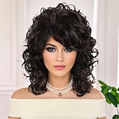 baratos Perucas Históricas-Peruca de cabelo sintético comprimento dos ombros dos anos 1970 para mulheres, peruca marrom misturada e ondulada com franja, peruca de substituição de cabelo castanho chocolate grosso e saltitante,