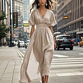 abordables Robes Bohémiennes-Femmes Robe Midi Robe en coton et lin Mode Moderne Extérieur Vacances Fête Coupe régulière Uni Manche Courte Col en V Kaki Été