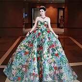 economico Abiti per feste da ballo-Abito da Ballo Quinceanera Elegante Abito Formale Matrimonio Lunghezza Piena Senza Maniche Senza Spalline Tulle Senza Schiena con Stampa Floreale Abito Ospite Matrimonio 2025