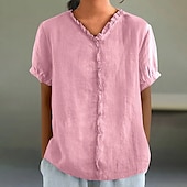 abordables Chemises-Chemisier en coton et lin pour femme, couleur unie, élégant, décontracté, manches courtes, col en V, régulier, quotidien, vacances, plissé, noir, blanc, rose, violet, vert, été