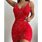 baratos Vestidos de lantejoulas-Mulheres Vestido de lantejoulas Vestido elegante Sensual Festa de Noite Preto Vinho Vermelho Azul Verão