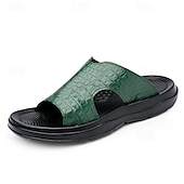cheap Vacation Sandals-Men&#039;s Copper Faux Leather Slide Sandals with Embossed Crocodile Pattern and Black Cushioned Sole – Stylish Slip-On Sandals for Indoor Lounge, Poolside Relaxation, or Resort Wear