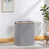 abordables Bac de recyclage-Poubelle de recyclage à double trou en tissu Oxford, panier à linge à cadre en bambou de 140 l avec couvercle et 2 sacs intérieurs en polyester, poubelle d&#039;intérieur pliable et conteneur de recyclage