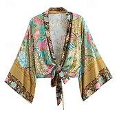 abordables Caftans-Femmes Maillots de Bain Vêtement couvrant Maillot de bain Nœud devant Tropical Tenues de plage Fleur Col en V manche longue Maillots de bain