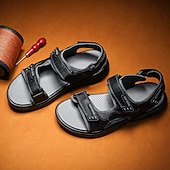 cheap Outdoor Sandals-Men&#039;s Brown Faux Leather and Mesh Sport Sandals with Dual Buckle Straps – Durable Outdoor Sandals for Hiking, Beach or Vacation Wear