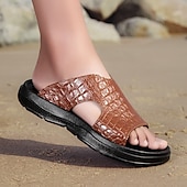 cheap Vacation Sandals-Men&#039;s Copper Faux Leather Slide Sandals with Embossed Crocodile Pattern and Black Cushioned Sole – Stylish Slip-On Sandals for Indoor Lounge, Poolside Relaxation, or Resort Wear