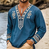 preiswerte Urlaub-Herren Hemd leinenhemd Wikinger-Stil Sommerhemd Strandbekleidung Piratenhemd Einfarbig Urlaub Straße Blau Langarm Hemdkragen Sommer Frühling Bekleidung Kordelzug