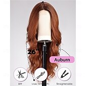 economico Parrucche trendy sintetiche-Parrucche lunghe ondulate color rame per donna, parrucca riccia con riga centrale, parrucca in fibra resistente al calore per uso quotidiano