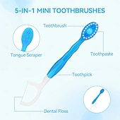 baratos Banho e cuidados pessoais-Mini escovas de dente descartáveis 5 em 1 com pasta de dente, raspador de língua, palitos, estojo de viagem para fio dental, escovas de dente de viagem pré-coladas para trabalho ou viagem, escovas