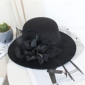 cheap Party Hats-Vintage Fedora Bucket Hat with Removable Mesh Flowers Feathers Elegant Ladies Bowler Hat Winter Warm Wide Brim Church Derby Hat for Wedding Race Banquet
