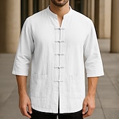 economico Camicie di lino-Per uomo Camicia Camicia di lino Camicia casual Camicia con Bottoni Camicia di cotone Semplice Vacanza Casual Quotidiano Nero Bianco Blu marino Beige Mezza Manica Colletto alla coreana Estate