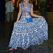 abordables Jupes graphiques-Femmes Jupe Évasé Bohème Mode Boho Maxi Taille Basse Jupes Fleuri Imprimé Micro-Élastique Vacances Rue Bleu Rose rouge Été Polyester
