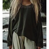 abordables Tops bohèmes-Femmes Chemises en coton et lin Chemisier occidental Uni Bohème ancien Boho manche longue Col ras du cou Hauts Réguliers Quotidien Fête Patchwork Vert Véronèse Été