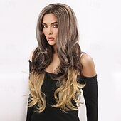 baratos Perucas Sintéticas sem Touca-Peruca sintética ondulada, profunda, em camadas, com franja, peruca de 28 polegadas, cabelo sintético a1 feminino, cor clássica e confortável