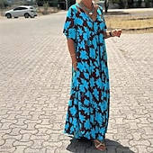 billiga Casual blommiga klänningar-Dam Långklänning Maxiklänning Vardagsklänning Swingklänning Mode Utomhus Fest Helgdag Normal Blomma Kortärmad V-hals Svart Blå Sommar