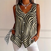 billige Stripe og geometrisk tank topp-Dame Camisole Tank Top Grafisk Stripet Elegant Fritid Ermeløs V-hals Vanlige topper Daglig Ferie Knapper Trykt mønster Gul Rosa Blå Grå Sommer Vår