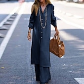 abordables Ensembles chemisiers pour femmes-Femmes Actif Mode Chemisier Ensembles de Pantalons manche longue Col de chemise Couleur Unie Dubbele Rij Knopen Vacances Fête Vert Véronèse Bleu Marine Kaki Été Coupe régulière