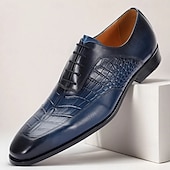 cheap Classic Dress Shoes-Men&#039;s Premium Navy Blue Crocodile Leather Lace-Up Dress Shoes for Exclusive Weddings, Galas and Formal Occasions