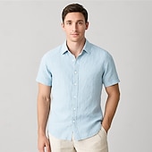 cheap Men&#039;s Elite Shirts-Men&#039;s 100% Linen Shirt Light Blue Light Yellow White Light Green Navy Blue Light Grey Short Sleeve Solid Color Shirt Collar School Formal Buttons Clothing Apparel Elegant Vacation Vintage Tropical