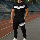 preiswerte T-Shirts-Sets für Männer-Herren T-Shirt Anzüge Hemd- und Hosensets 2-teiliges Outfit Kurzarm Rundhalsausschnitt Sommer Farbblock Mode Lässig Patchwork 2 teilig Urlaub Alltagskleidung Ausgehen Schwarz Grau Top T-Shirt für