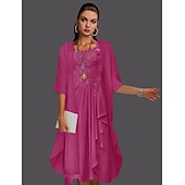 abordables Avec veste-Robe à deux pièces A-ligne pour la mère de la mariée à la plage invitée de mariage élégant col arrondi longueur genou chiffon dentelle sans manches vestes avec plis et appliqués 2025 taille