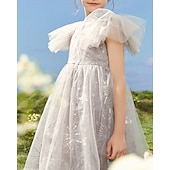 cheap Dresses-Kids Girls&#039; Dress Flower Short Sleeve Outdoor Ruched Mesh Fashion Adorable Nylon Knee-length Casual Dress Tulle Dress Floral Dress Summer 4 years+ Purple