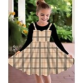 preiswerte 3D Shining Vision Kleid-Mädchen&#039; 3D Karomuster Kleid Langarm Sommer Frühling Urlaub Täglich Ferien Prinzessin Schön Süß Kinder 4-12 Jahre Freizeitkleid A Linie Kleid Knielang Normale Passform