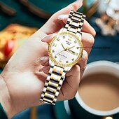 baratos Relógios Quartz-o novo relógio de quartzo luminoso com pulseira de aço com calendário duplo incrustado de diamantes para senhora é um relógio de pulso esportivo simples e versátil