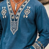 preiswerte Urlaub-Herren Hemd leinenhemd Wikinger-Stil Sommerhemd Strandbekleidung Piratenhemd Einfarbig Urlaub Straße Blau Langarm Hemdkragen Sommer Frühling Bekleidung Kordelzug