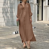 economico abiti stampati in cotone e lino-Per donna Abito Midi Abito Camicia Abito in cotone e lino Classico Moderno All&#039;aperto Uscire Weekend Vestibilità regolare Semplice Manica Lunga Colletto a Camicia Bianco Blu marino Marrone Grigio