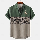 cheap Classic-Men's Symbol Linen Shirt Summer Hawaiian Shirt Button Up Shirt Short Sleeve Vintage Artistic Vacation Holiday Beach Wear Summer Spring Turndown Collared Shirts Blue Purple Green