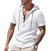 cheap Vacation-Men&#039;s Shirt Linen Shirt Popover Shirt Casual Shirt Cotton Shirt Plain Vacation Street Black White Navy Blue Brown Short Sleeve Hooded Summer Clothing Apparel Lace up